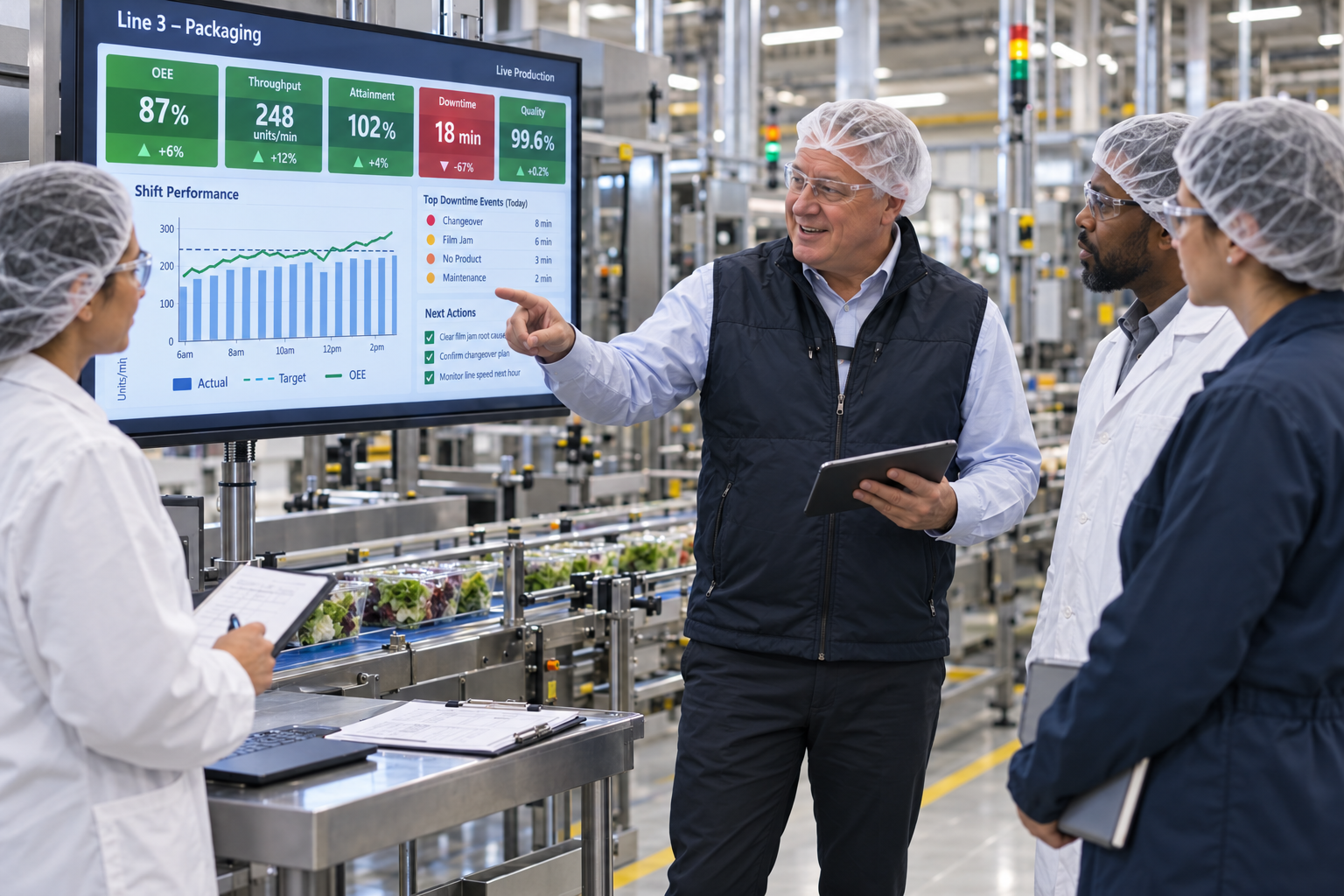 Michael Bartikoski leading a team review of food manufacturing line performance